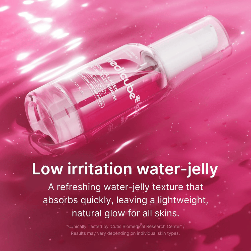 Medicube PDRN Collagen Glow Jelly Serum med lett vann-gelétekstur som absorberes raskt og gir glød