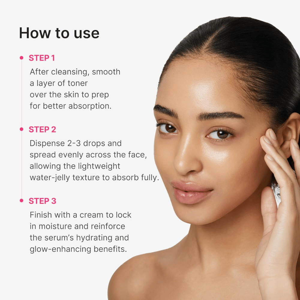 Medicube PDRN Collagen Glow Jelly Serum med steg-for-steg-guide for påføring etter rens og toner