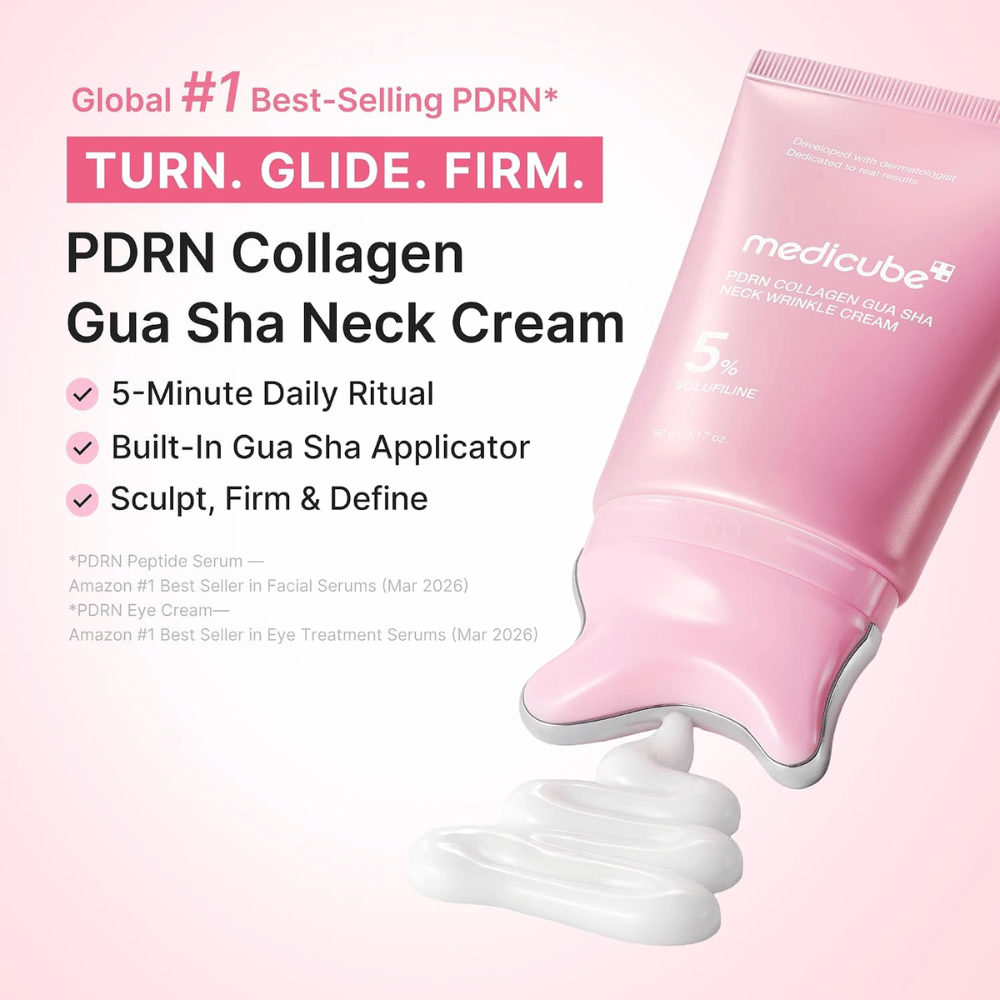 5. Medicube PDRN Collagen Gua Sha Neck Wrinkle Cream – rosa halskrem med gua sha-applikator og kremet konsistens
