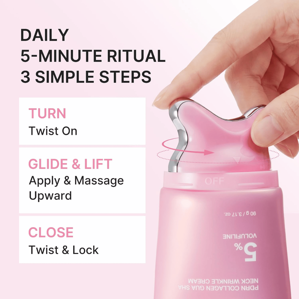 1. Medicube PDRN Collagen Gua Sha Neck Wrinkle Cream – påføring og massasje i tre enkle trinn