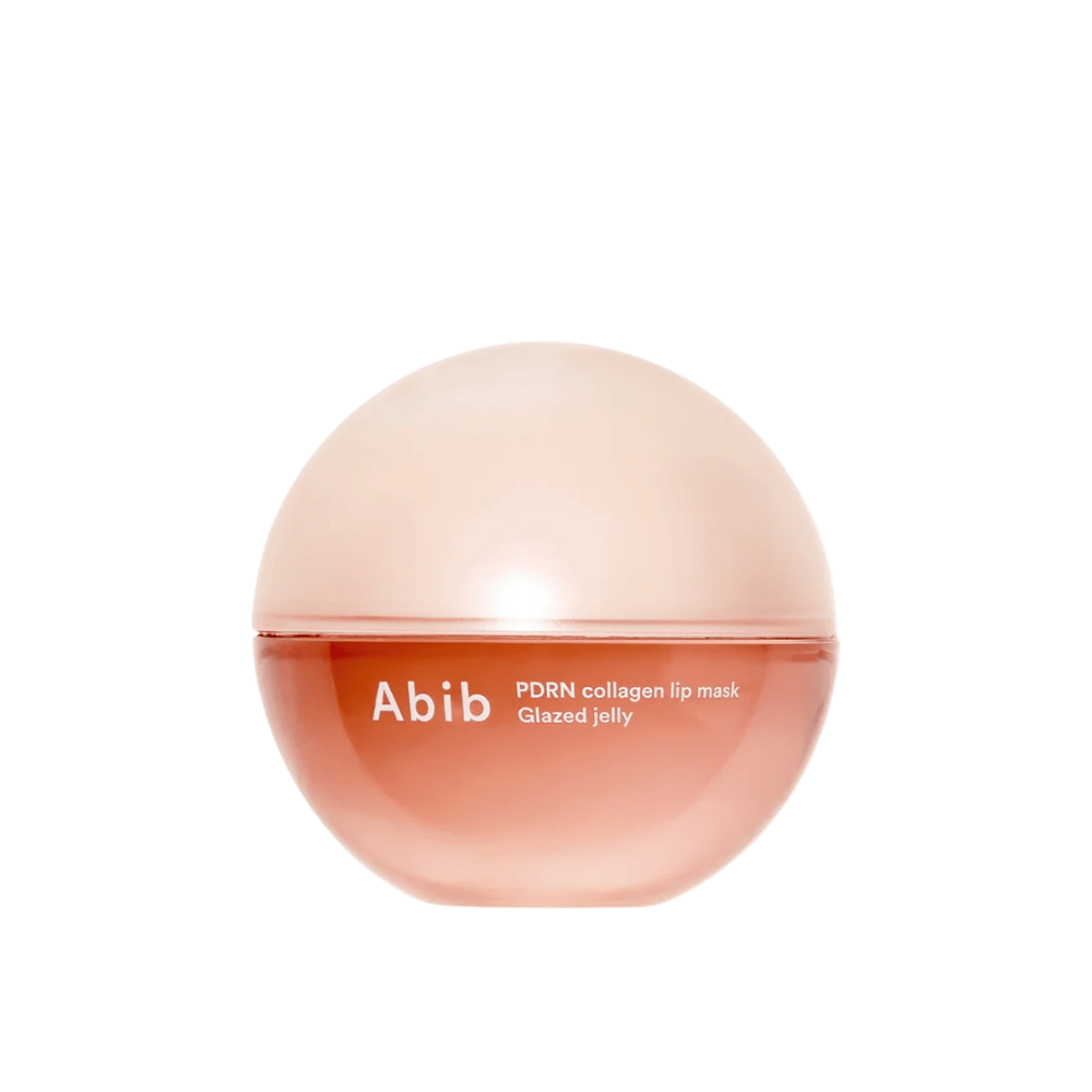 Rosa rund boks med teksten "Abib PDRN Collagen Lip Mask Glazed Jelly" på forsiden, fotografert mot hvit bakgrunn.