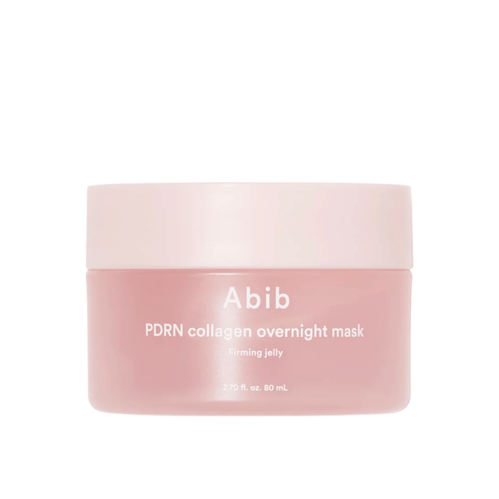 Minimalistisk produktbilde av Abib PDRN Collagen Overnight Mask i rosa krukke med fokus på design og produktnavn mot lys bakgrunn.