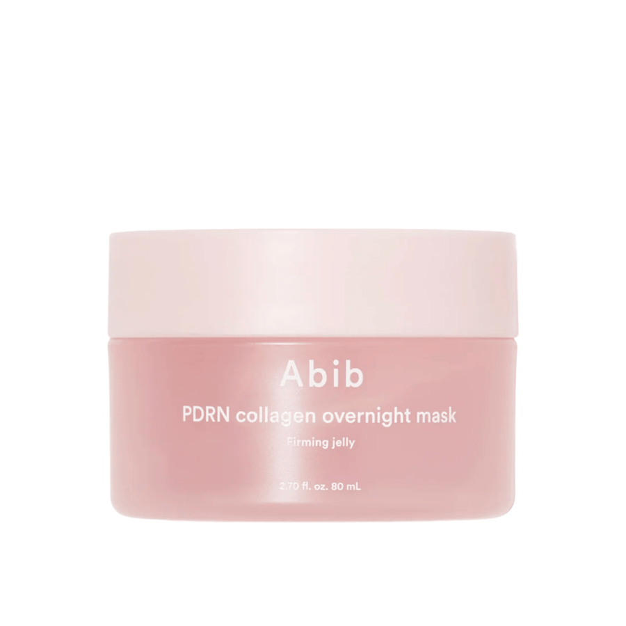 Minimalistisk produktbilde av Abib PDRN Collagen Overnight Mask i rosa krukke med fokus på design og produktnavn mot lys bakgrunn.