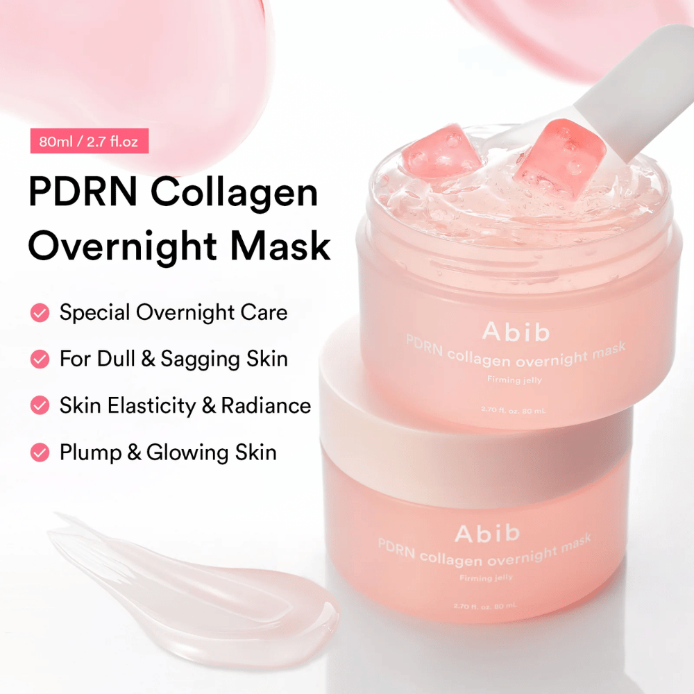 Produktbilde av Abib PDRN Collagen Overnight Mask med rosa gelétekstur og silikonspatel som fremhever nattmaskens fuktgivende og glødgivende egenskaper.