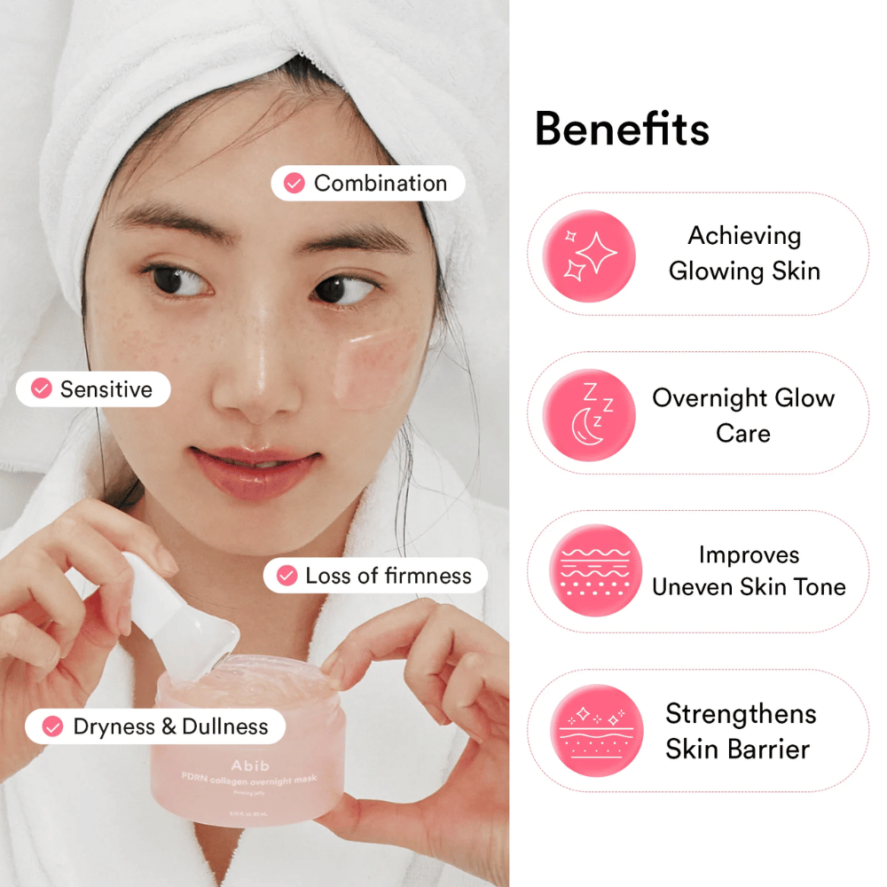 Bilde som fremhever produktets fordeler for sensitiv, tørr og gusten hud samt fokus på glow, hudbarriere og forbedret elastisitet.