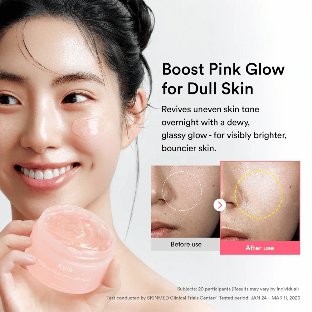 Modell som holder Abib PDRN Collagen Overnight Mask sammen med før- og etterillustrasjon som viser glow og jevnere hudtone etter bruk over natten.