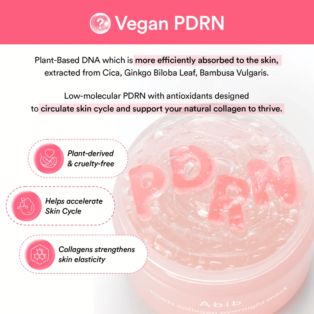 Informasjonsbilde om vegansk PDRN med fokus på plantebaserte ingredienser, cruelty-free formula og støtte for hudens naturlige kollagenproduksjon og hudsyklus.