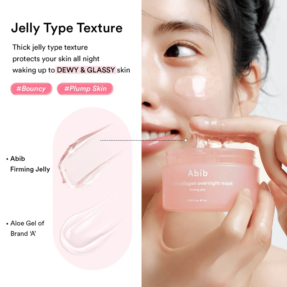 Nærbilde av den gelélignende konsistensen i Abib PDRN Collagen Overnight Mask som viser en fyldig og glansfull tekstur utviklet for fuktet og duggfrisk hud.