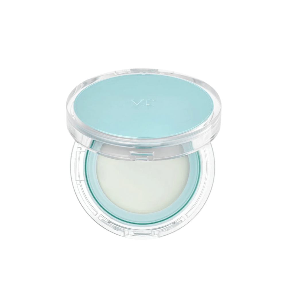 Åpen boks med VT PDRN Essence Glow Sun Pact. Den har en hvit indre overflate med et blått lokk, designet for å gi et strålende resultat på huden.