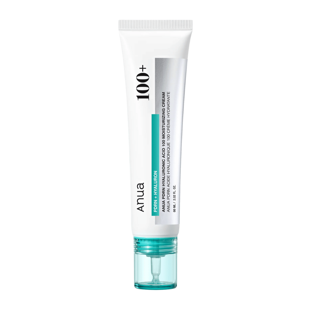 Produktbilde på Anua PDRN Hyaluronic Acid 100 Moisturizing Cream i hvit tube med turkis detalj – koreansk ansiktskrem for dyp fuktighet.