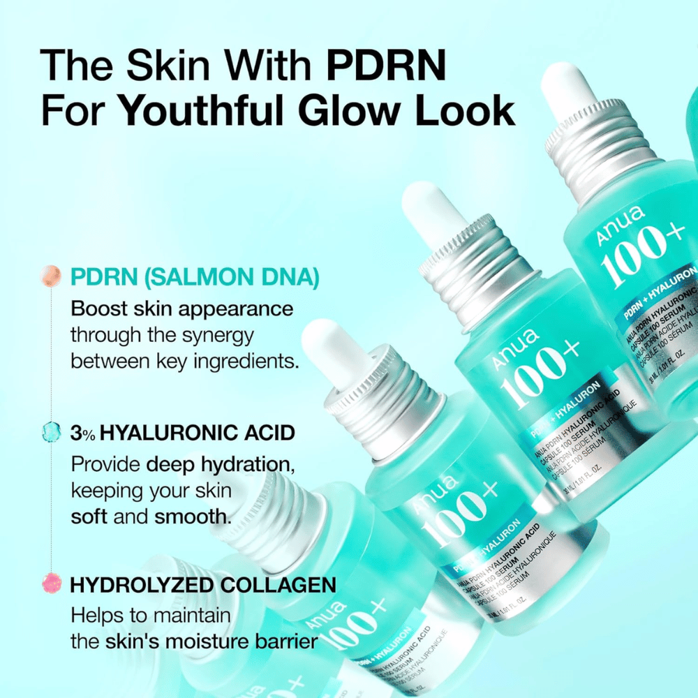 Anua PDRN Hyaluronic Acid Capsule 100 Serum er et kraftfullt hudpleieprodukt som inneholder PDRN (laks-DNA) for å forbedre hudens utseende, 3 % hyaluronsyre for dyp fuktighet og hydrolysert kollagen for å styrke hudens fuktbarriere. Perfekt for en ungdommelig glød!