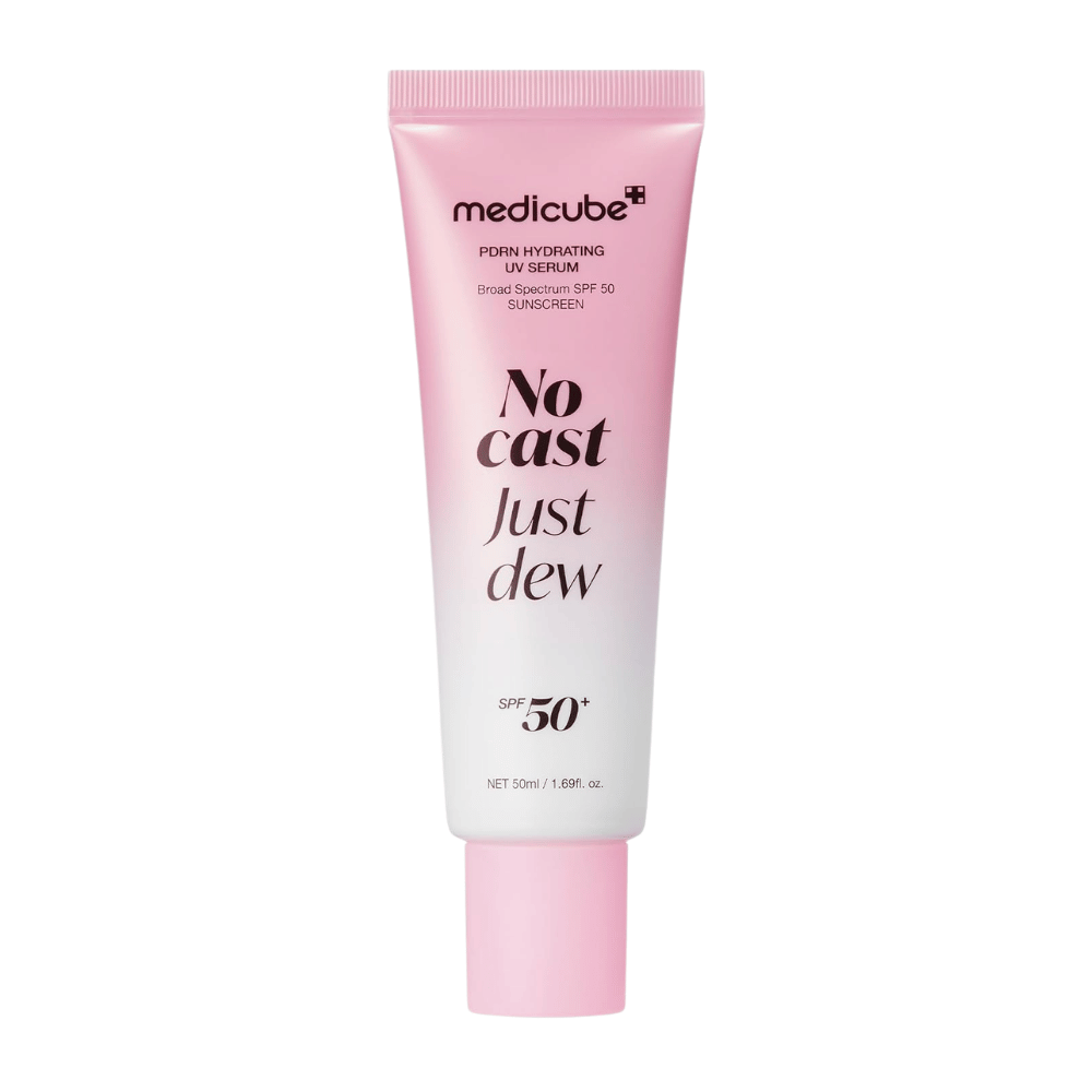 6. Medicube PDRN Hydrating UV Serum SPF 50+ 50 ml – rosa og hvit tube med fuktgivende solbeskyttelse for ansiktet