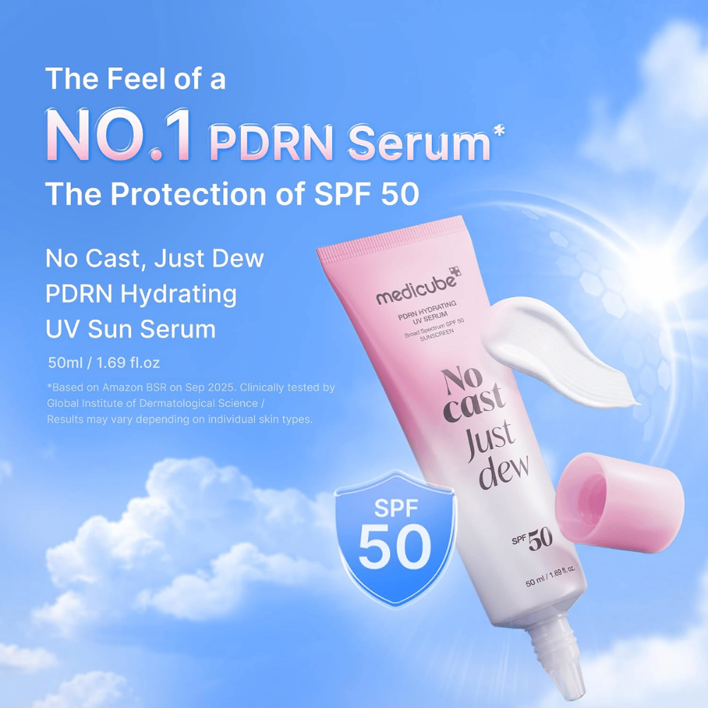 5. Medicube PDRN Hydrating UV Serum SPF 50+ 50 ml – lett fuktgivende solserum med høy UV-beskyttelse og glødgivende finish