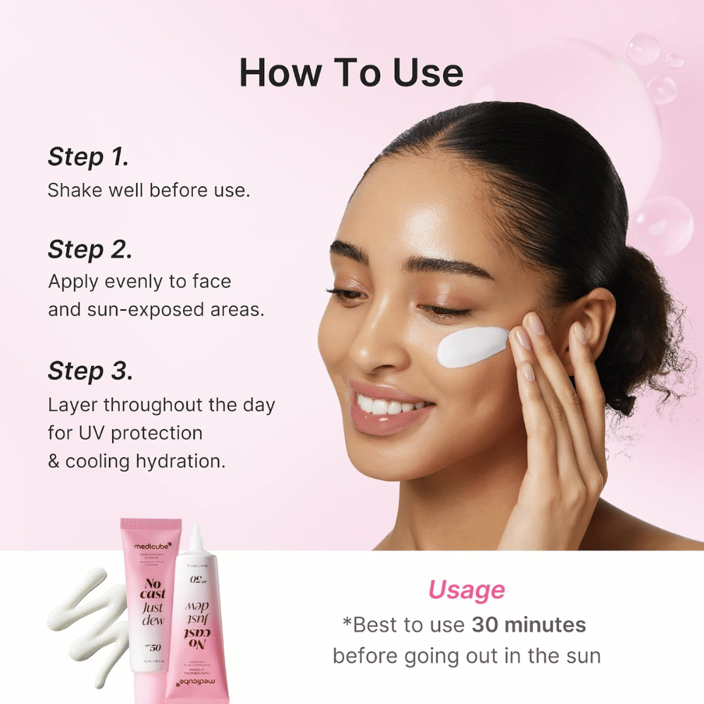 1. Medicube PDRN Hydrating UV Serum SPF 50+ – påføring av fuktgivende solbeskyttelse i ansiktet med instruksjoner for bruk