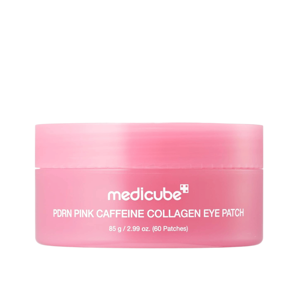 5. Medicube PDRN Pink Caffeine Collagen Eye Patch 60 stk. – rosa krukke med fuktighetsgivende hydrogel eye patches mot hvit bakgrunn