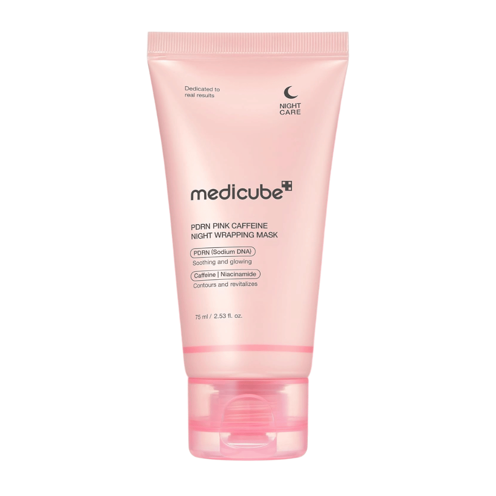 Medicube PDRN Pink Caffeine Night Wrapping Mask 75 ml – koreansk nattmaske med PDRN, koffein og niacinamid for glød og fuktighet.
