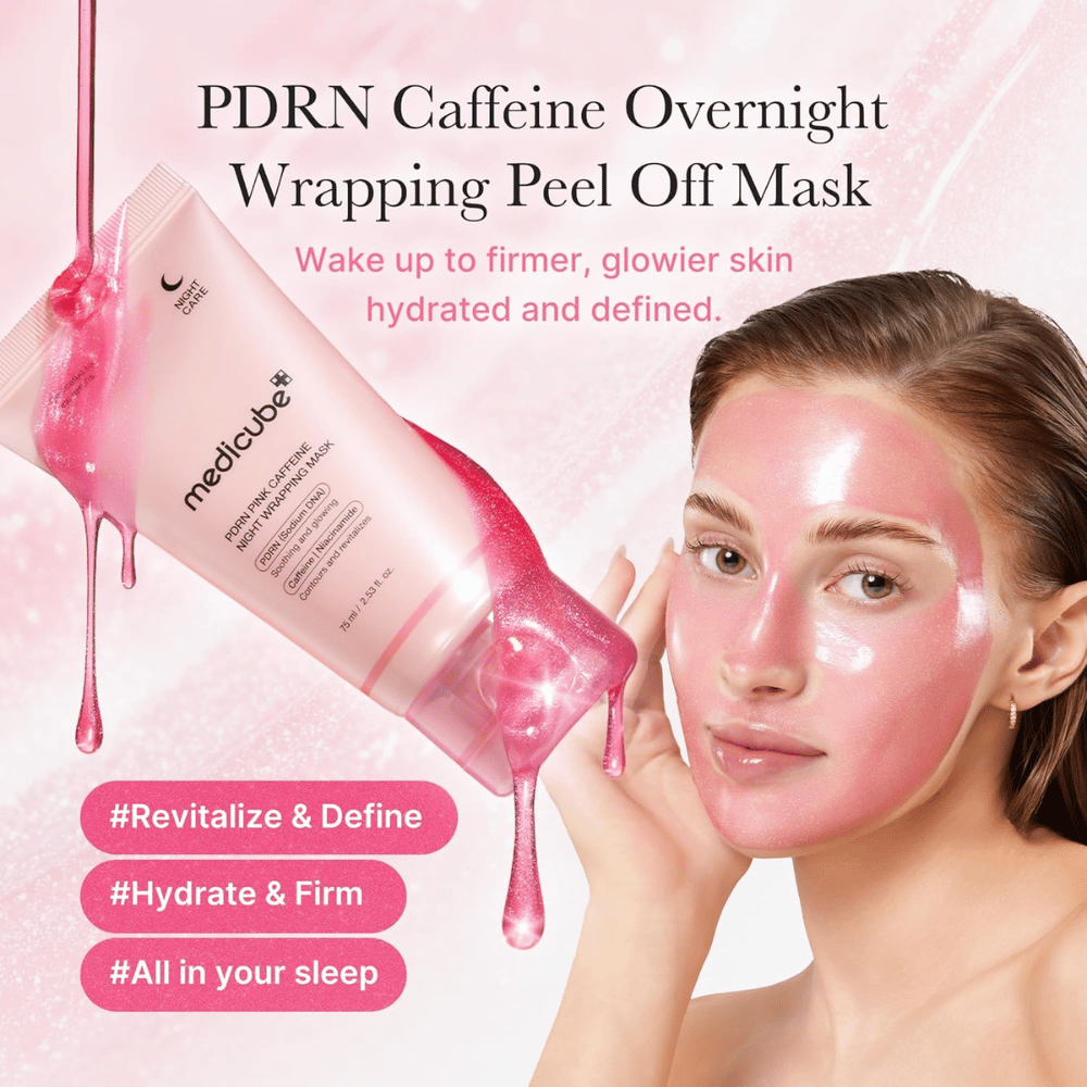 Medicube PDRN Pink Caffeine Night Wrapping Mask – rosa peel off-nattmaske med PDRN og koffein for fuktighet, glød og en fastere følelse.
