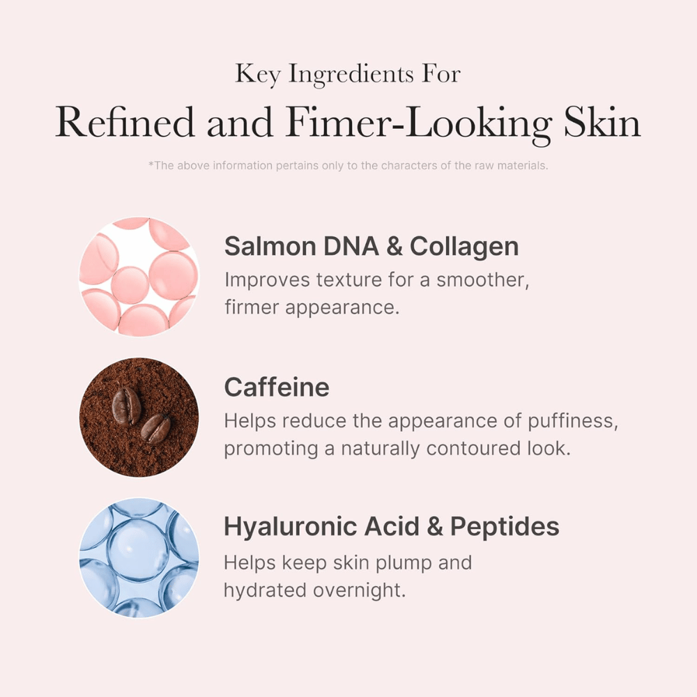 Medicube PDRN Pink Caffeine Night Wrapping Mask med PDRN, kollagen, koffein, hyaluronsyre og peptider for fuktet og fastere hud.