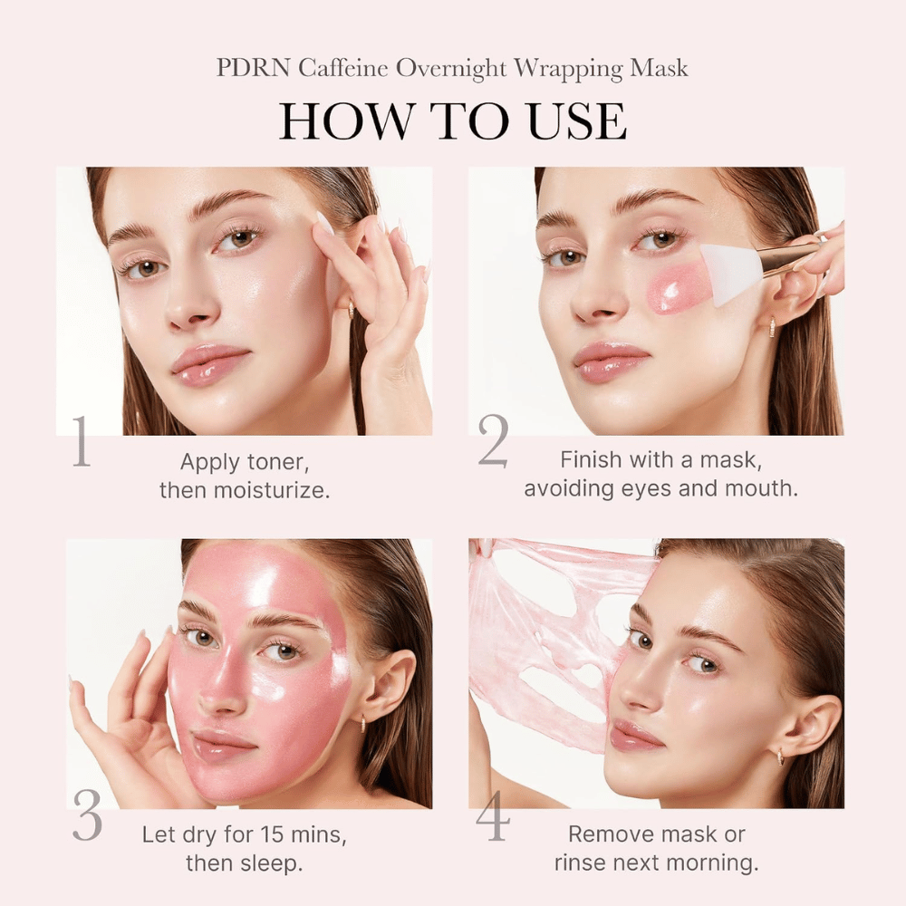 Slik bruker du Medicube PDRN Pink Caffeine Night Wrapping Mask – påfør om kvelden, la tørke og fjern masken om morgenen.
