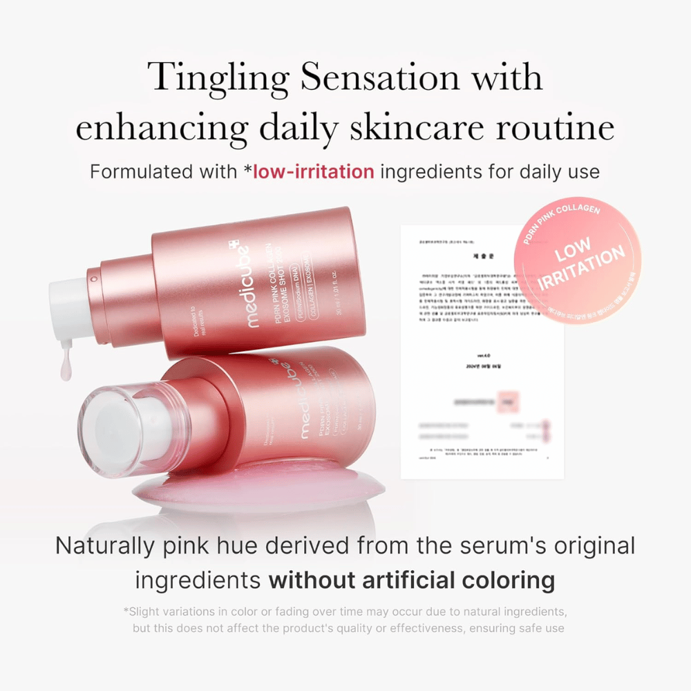 Medicube PDRN Pink Collagen Exosome Shot 2000 med informasjon om lav irritasjon. Produktet har naturlig rosa farge fra ingrediensene og er utviklet for daglig bruk med en skånsom følelse på huden.