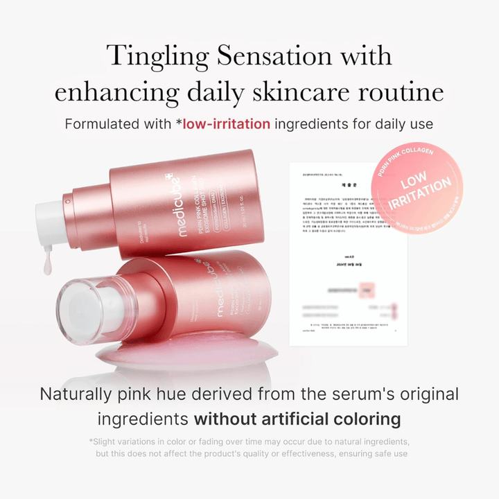 Medicube PDRN Pink Collagen Exosome Shot 2000 med informasjon om lav irritasjon. Produktet har naturlig rosa farge fra ingrediensene og er utviklet for daglig bruk med en skånsom følelse på huden.