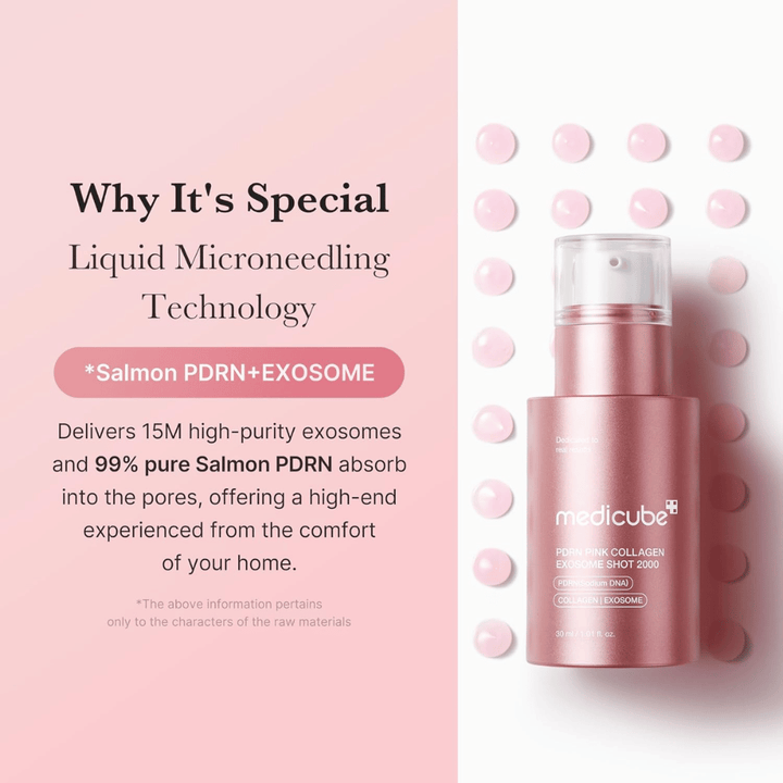 Medicube PDRN Pink Collagen Exosome Shot 2000 i rosa flaske. Bildet fremhever flytende microneedling-teknologi med eksosomer og PDRN fra laks for å støtte hudens glød, elastisitet og absorpsjon.