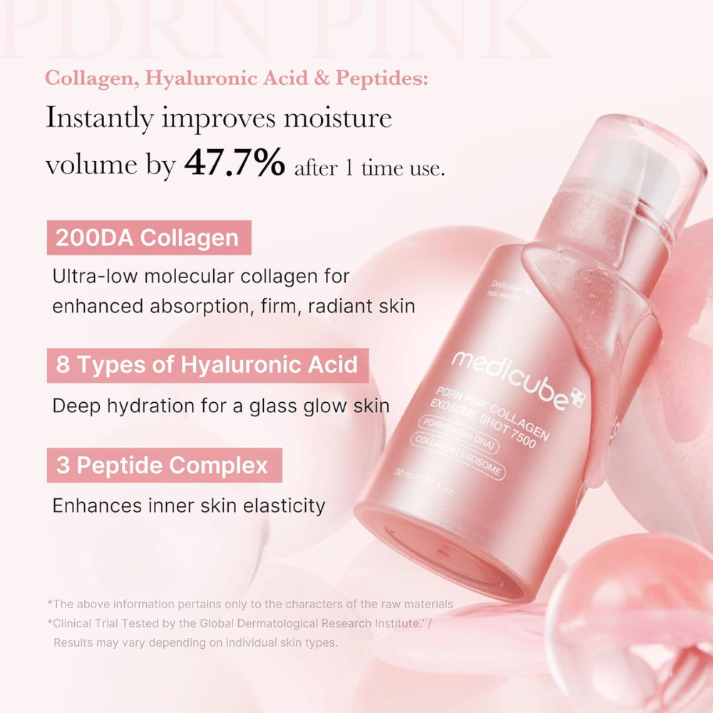 Informasjonsbilde for Medicube PDRN Pink Collagen Exosome Shot 7500 som fremhever kollagen, hyaluronsyre og peptider. Formelen bidrar til å tilføre huden fuktighet, forbedre elastisiteten og gi en mer strålende hudfølelse.