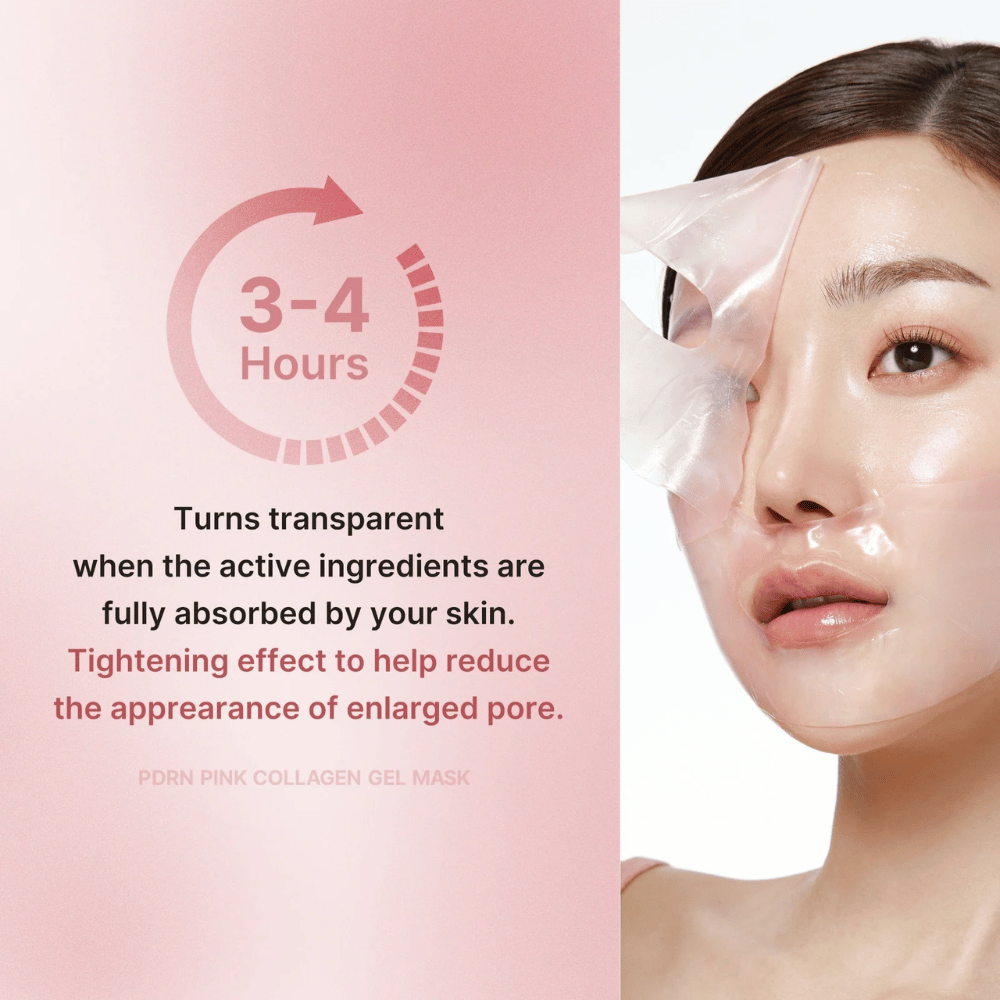 Medicube PDRN Pink Collagen Gel Mask med instruksjon om å bære masken i 3–4 timer til den blir gjennomsiktig. Masken absorberer aktive ingredienser og strammer opp huden for å redusere synlige porer.