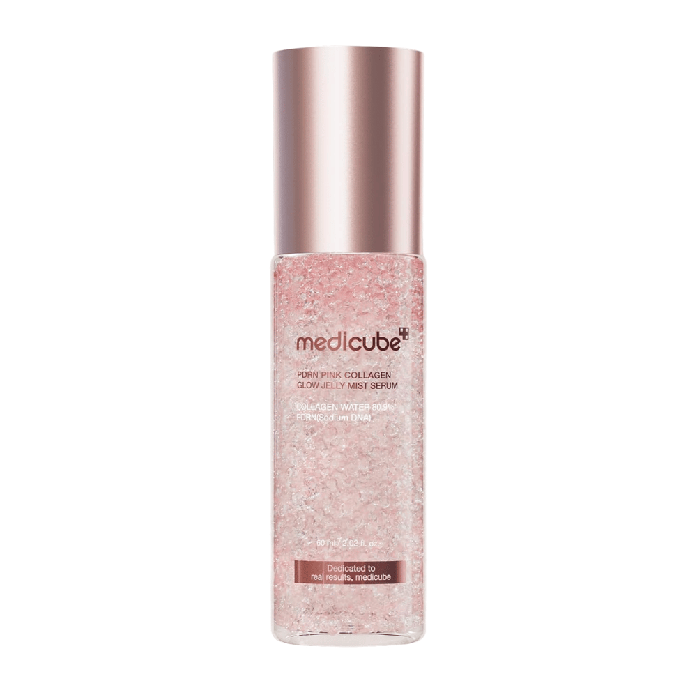 6. Medicube PDRN Pink Collagen Glow Jelly Mist Serum 60 ml – rosa fuktgivende ansiktsmist med kollagen og PDRN på hvit bakgrunn