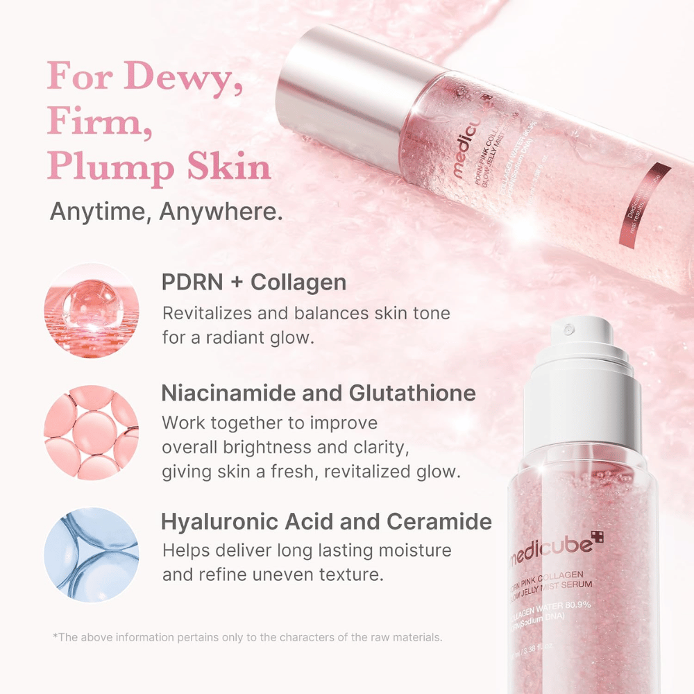 4. Medicube PDRN Pink Collagen Glow Jelly Mist Serum – fuktgivende mist med PDRN, kollagen, niacinamid og hyaluronsyre