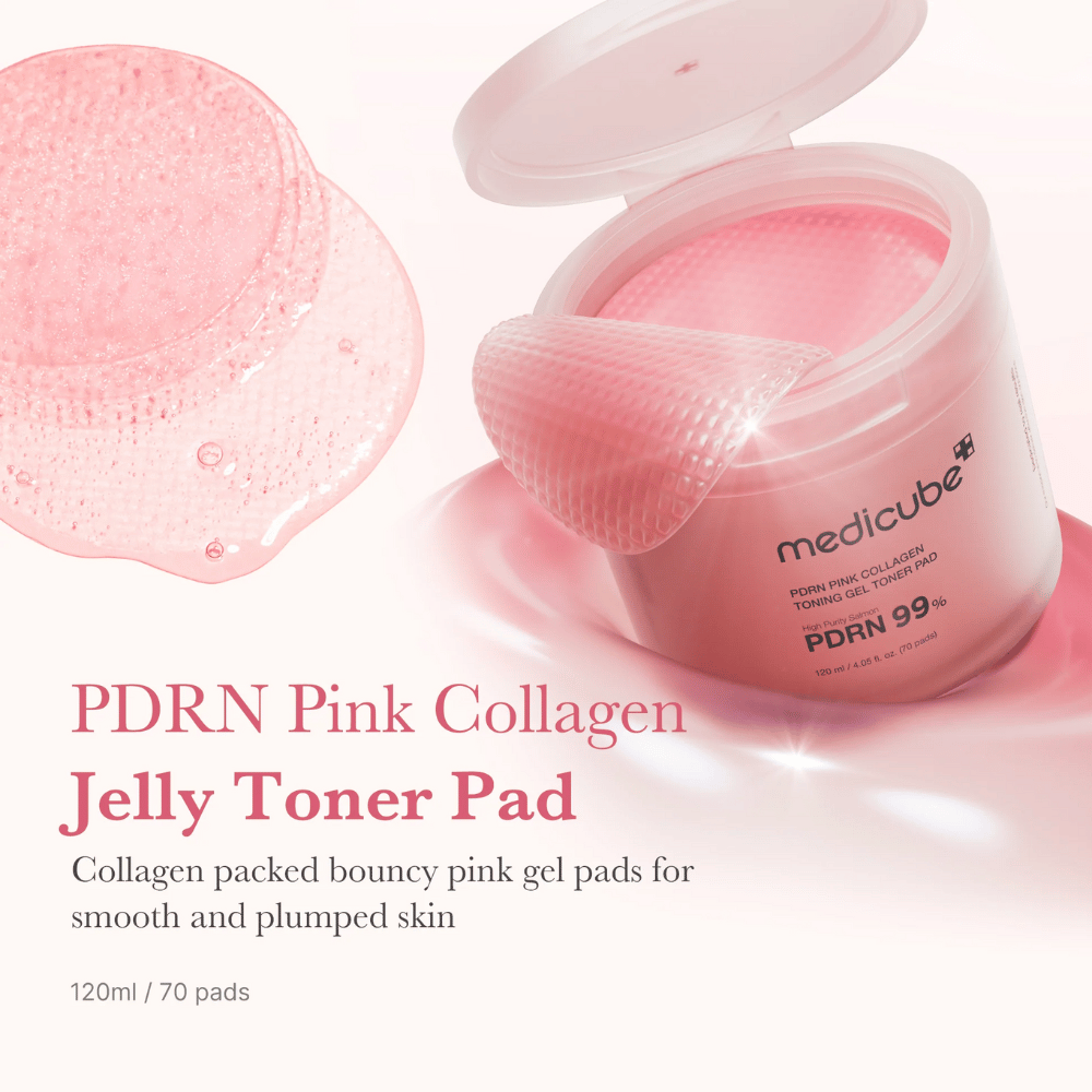 Åpen boks med Medicube PDRN Pink Collagen Jelly Toner Pads, med en hevet rosa gelpad og tekst som beskriver kollageninnhold for glatt og fuktet hud.