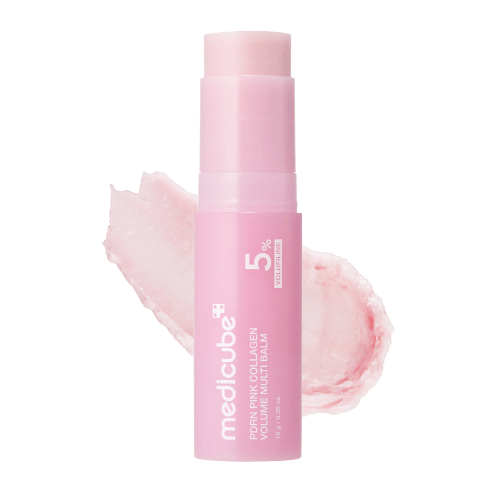 1. Medicube PDRN Pink Collagen Volume Multi Balm 10 g – rosa balmstift med PDRN og kollagen samt kremet konsistens mot hvit bakgrunn