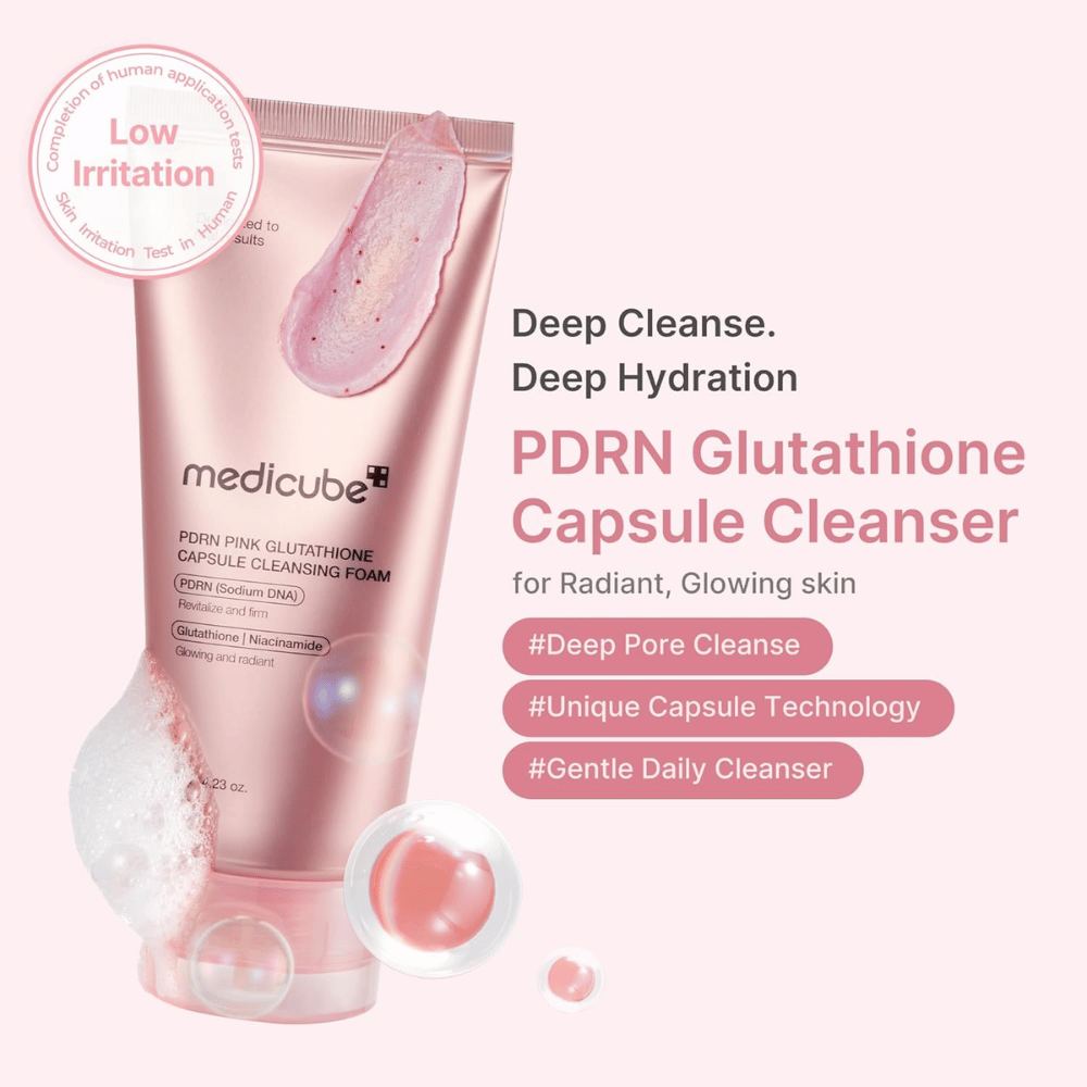 Medicube PDRN Pink Glutathione Capsule Cleansing Foam med lav irritasjon for daglig rens og klarere hud med naturlig glød