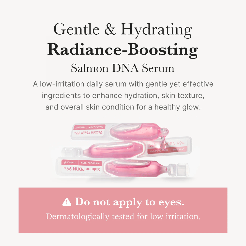 Medicube PDRN Pink One Day Serum i ampullformat. Bildet beskriver et fuktgivende serum med laks-DNA (PDRN) som er dermatologisk testet for lav irritasjon og utviklet for daglig bruk.