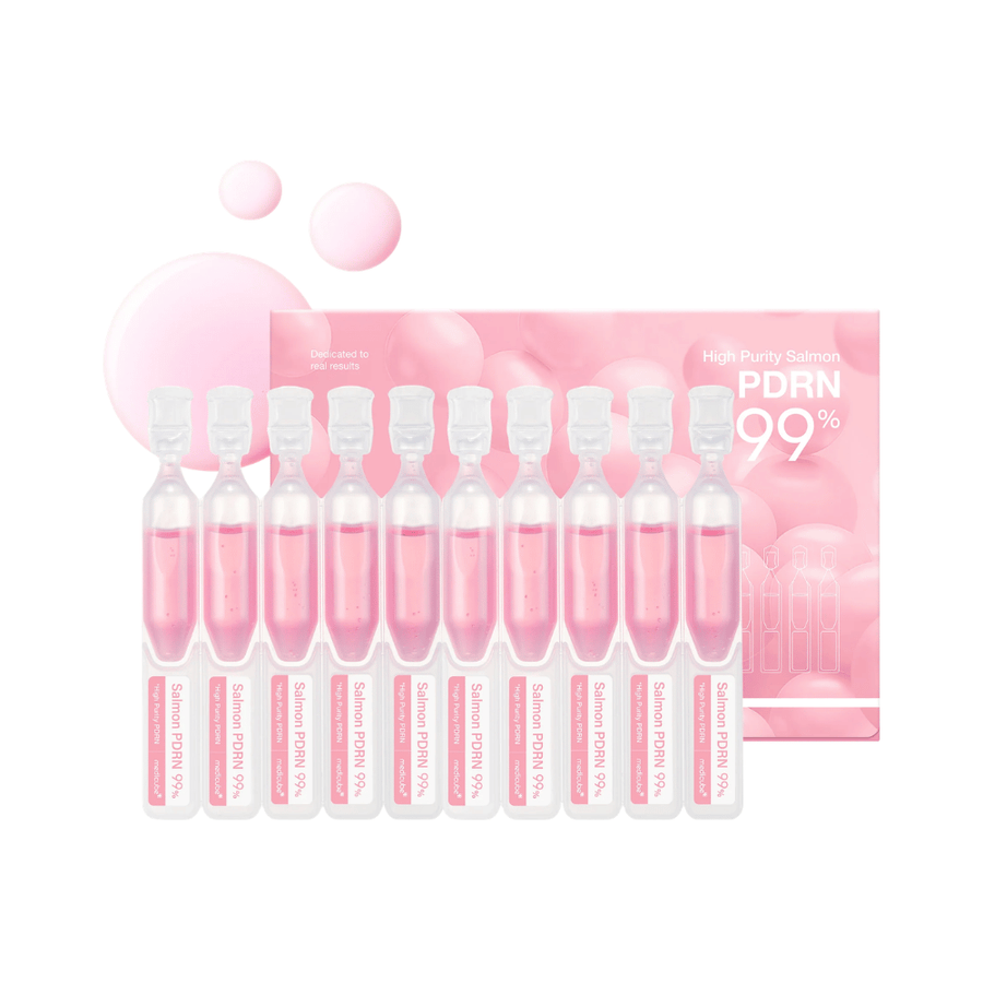 Medicube PDRN Pink One Day Serum Set med ti individuelle ampuller og produktforpakning. Settet inneholder serum med 99 % høyrenset laks-PDRN for fuktighet, glød og daglig hudpleie.