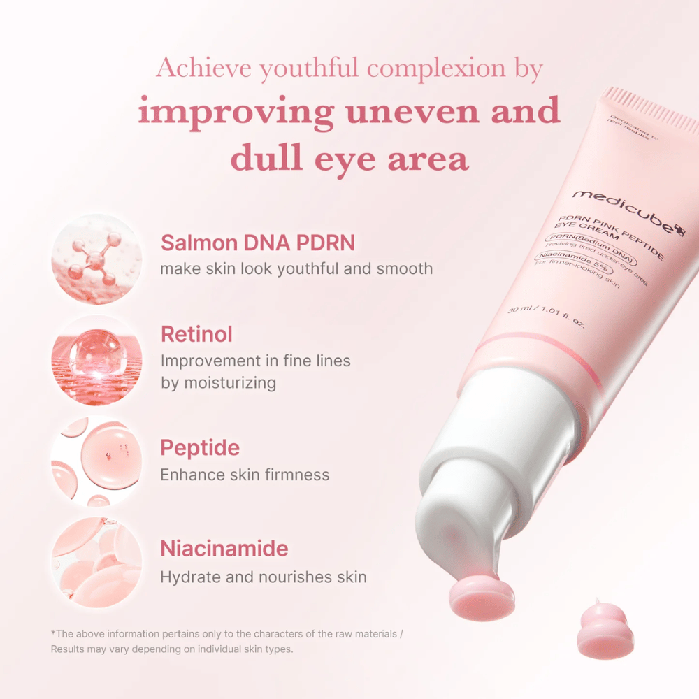 Medicube PDRN Pink Peptide Eye Cream med åpnet pumpe og rosa krem. Inneholder PDRN fra laks, retinol, peptider og niacinamid for å jevne ut, fukte og
