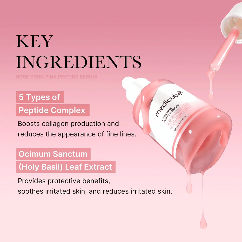Medicube Rose PDRN Pink Peptide Serum – Nærende serum for fastere og roligere hud.

💖 5 typer peptidkompleks – Stimulerer kollagenproduksjonen og reduserer fine linjer.
🌿 Ocimum Sanctum (Hellig Basilikum) ekstrakt – Beskytter, beroliger og reduserer irritasjon.

Perfekt for en jevnere, fuktet og strålende hud!