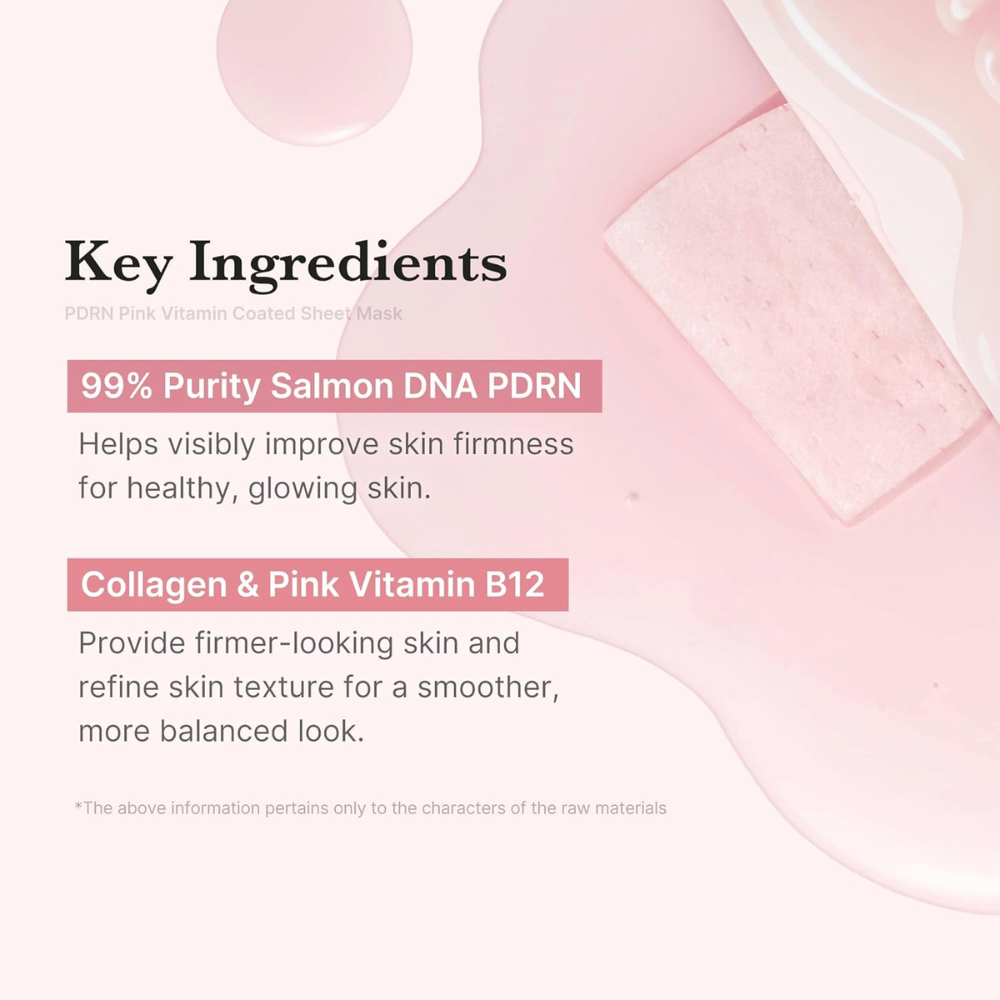 Grafisk bilde over nøkkelingredienser – PDRN (lakse-DNA), kollagen og vitamin B12 for fastere og jevnere hud.
