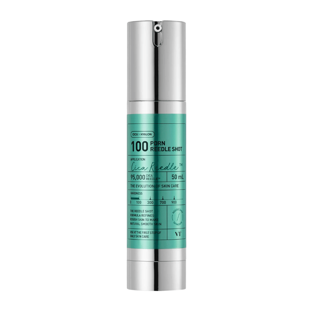 VT Cosmetics PDRN Reedle Shot 100 flaske med minimalistisk design og aktiv formel for å forbedre hudtekstur, glød og elastisitet