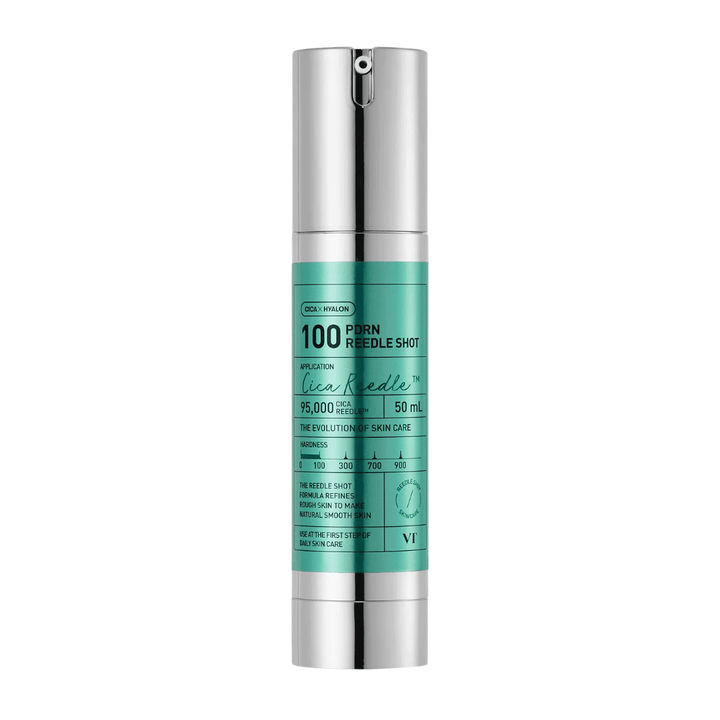 VT Cosmetics PDRN Reedle Shot 100 flaske med minimalistisk design og aktiv formel for å forbedre hudtekstur, glød og elastisitet