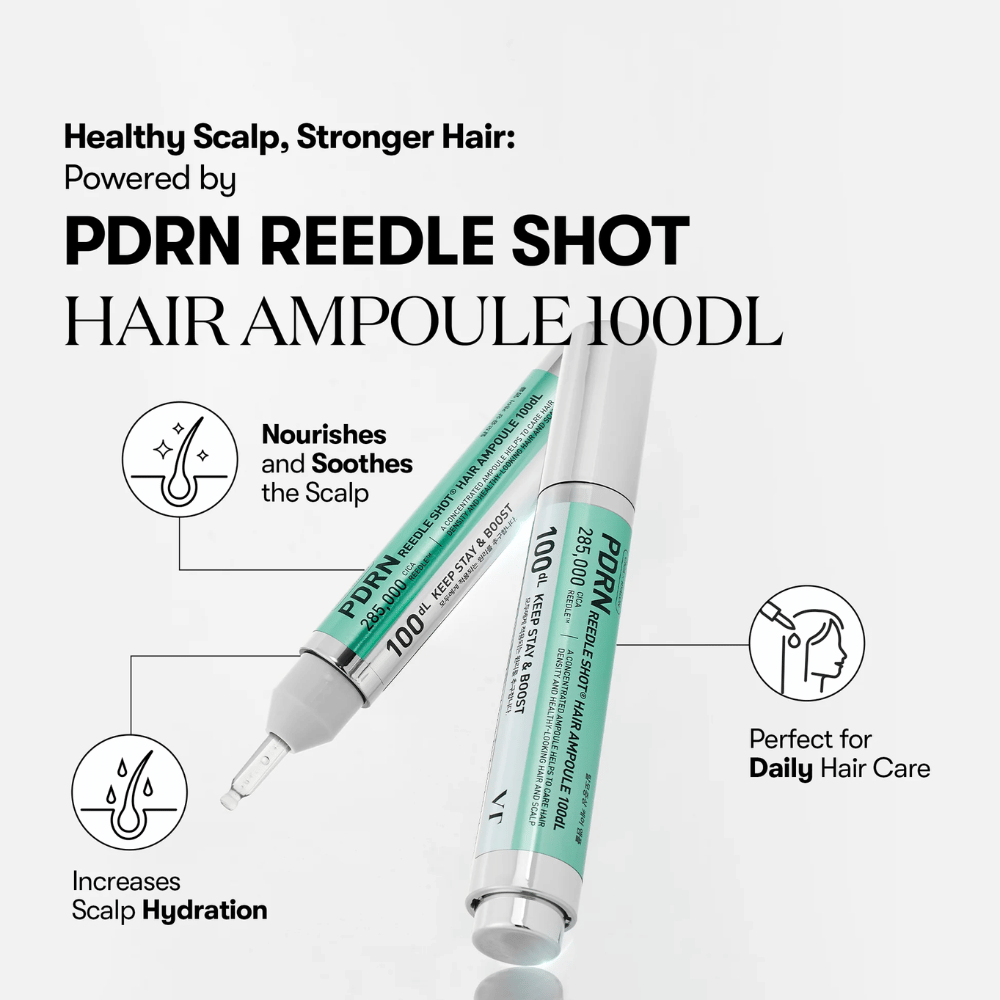 Produktpresentasjon av PDRN Reedle Shot Hair Ampoule 100dL med fokus på fordeler som beroligende effekt, økt fuktighet i hodebunnen og daglig hårpleie.