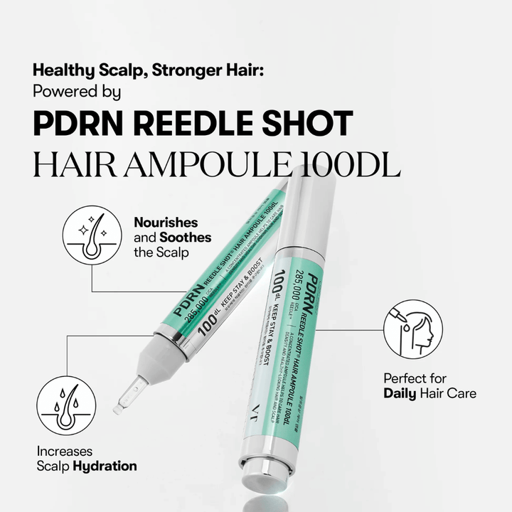 Produktpresentasjon av PDRN Reedle Shot Hair Ampoule 100dL med fokus på fordeler som beroligende effekt, økt fuktighet i hodebunnen og daglig hårpleie.