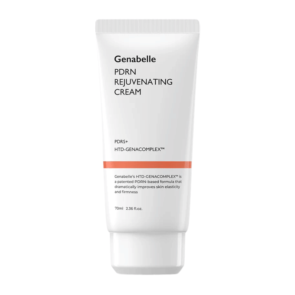 Produktbilde av Genabelle PDRN Rejuvenating Cream i hvit tube mot hvit bakgrunn. Fuktighetsgivende ansiktskrem med PDRN og HTD-GENACOMPLEX™ som bidrar til å forbedre hudens elastisitet og fasthet.