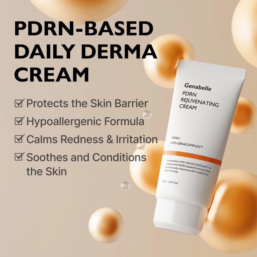 Genabelle PDRN Rejuvenating Cream omgitt av gylne sfærer som symboliserer PDRN-teknologi. Bildet fremhever hudbarriereforsterkende egenskaper, beroligende effekt og en hypoallergen formel for daglig bruk.