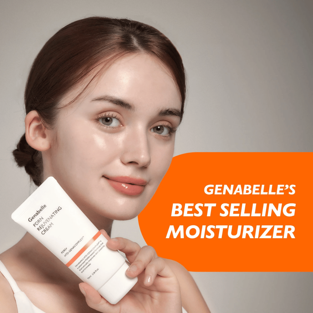 Person holder opp Genabelle PDRN Rejuvenating Cream foran kameraet. Bildet fremhever produktet som en bestselgende ansiktskrem med fokus på fuktighet, hudfornyelse og en frisk, strålende hud.