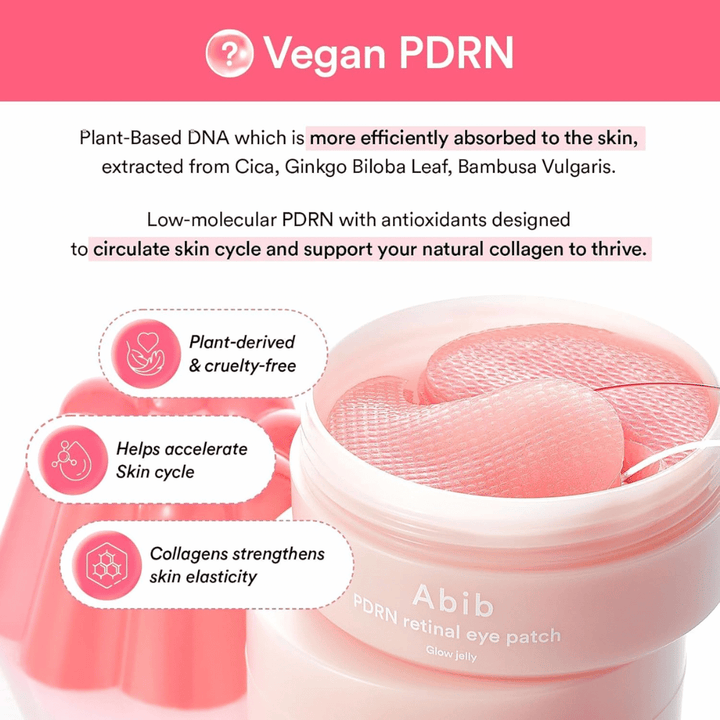 Abib PDRN Retinal Eye Patch Glow Jelly med vegansk PDRN fra planteekstrakt som styrker hudens elastisitet, booster kollagen og forbedrer hudens struktur.
