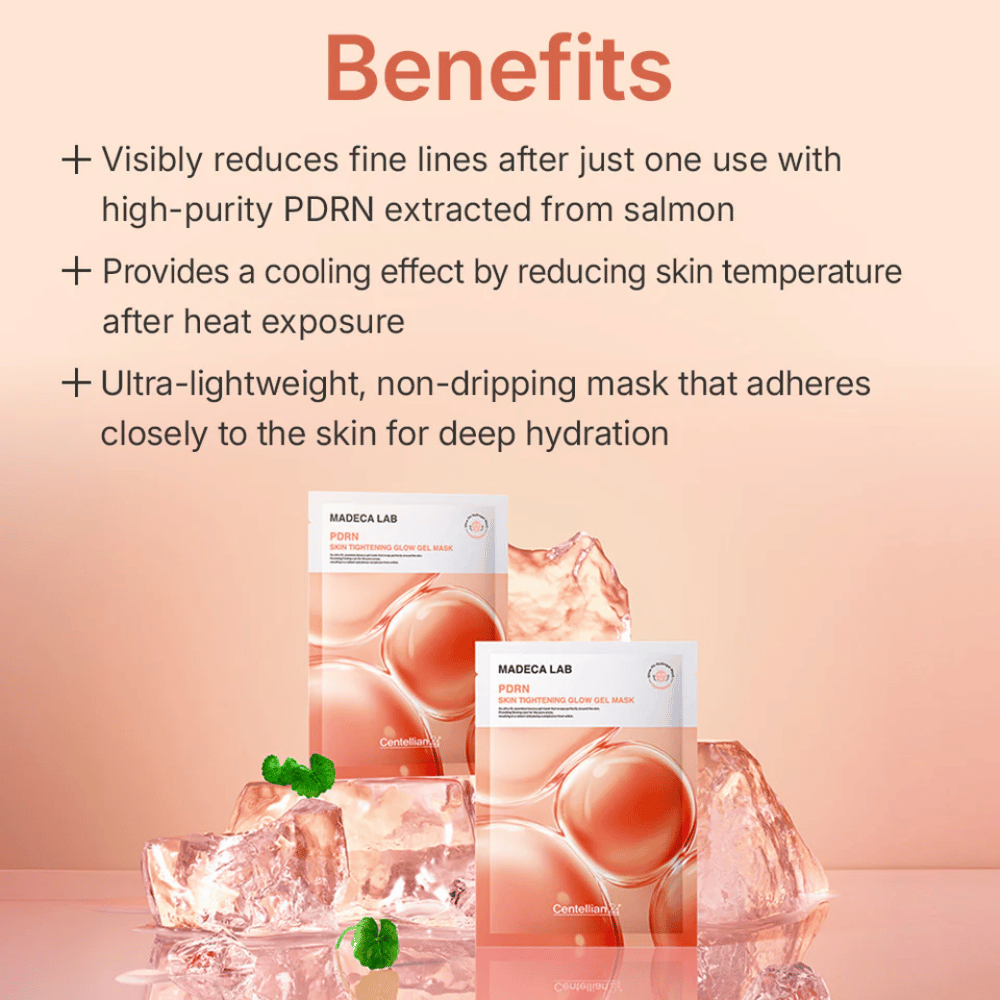 MADECA LAB PDRN Skin Tightening Glow Gel Mask – oppstrammende gelmaske med PDRN fra laks som gir kjølende effekt, intensiv fuktighet og synlig glattere hud.