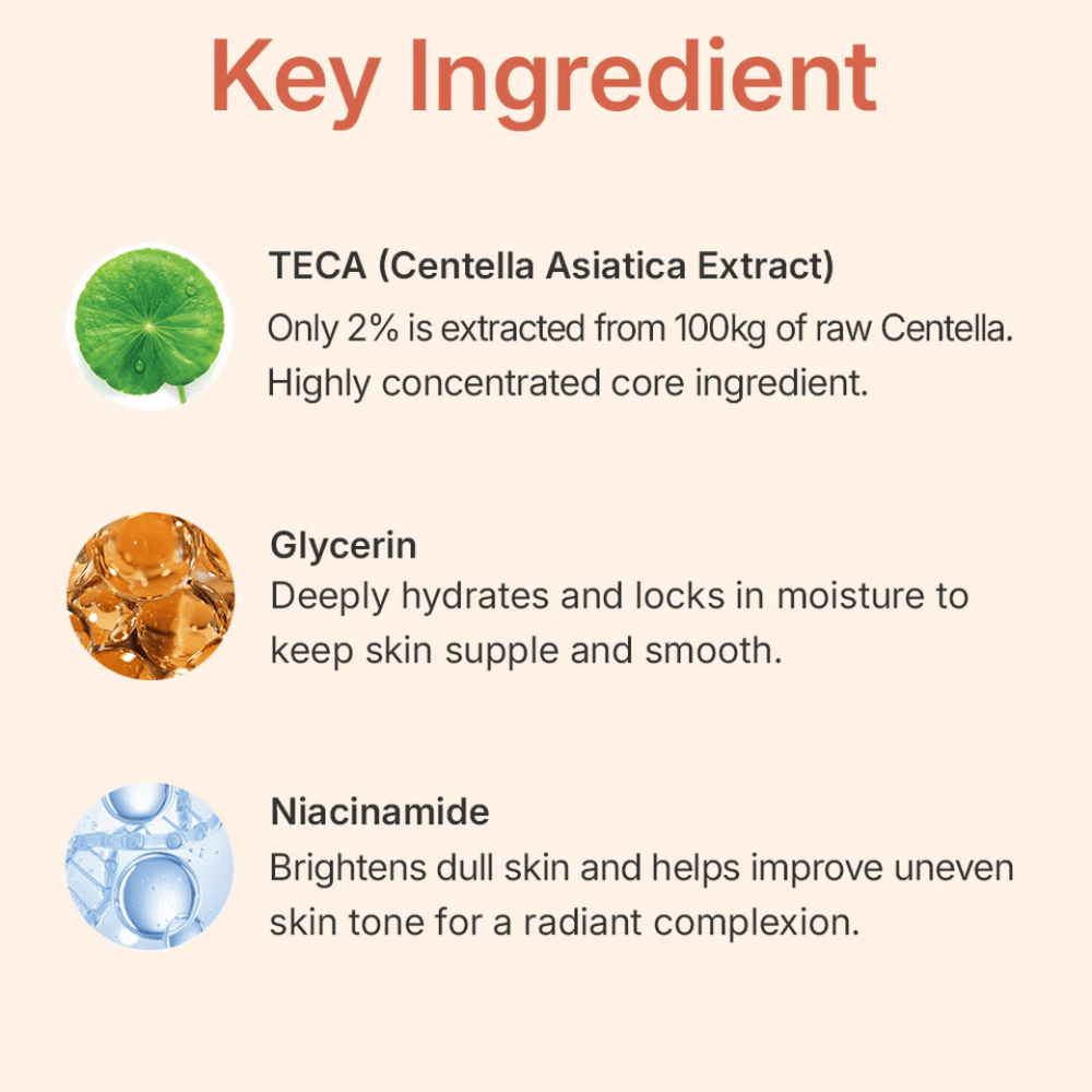 MADECA LAB PDRN Glow Gel Mask nøkkelingredienser – TECA fra Centella Asiatica, glyserin og niacinamid som beroliger huden, fukter i dybden og forbedrer hudtonen.