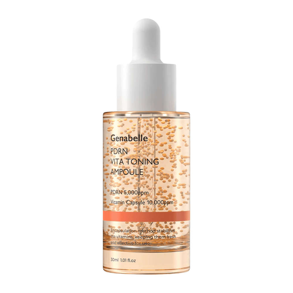 Frilagt produktbilde av Genabelle PDRN Vita Toning Ampoule i transparent glassflaske med hvite pipettelokk og synlige vitaminkapsler i serumformelen.