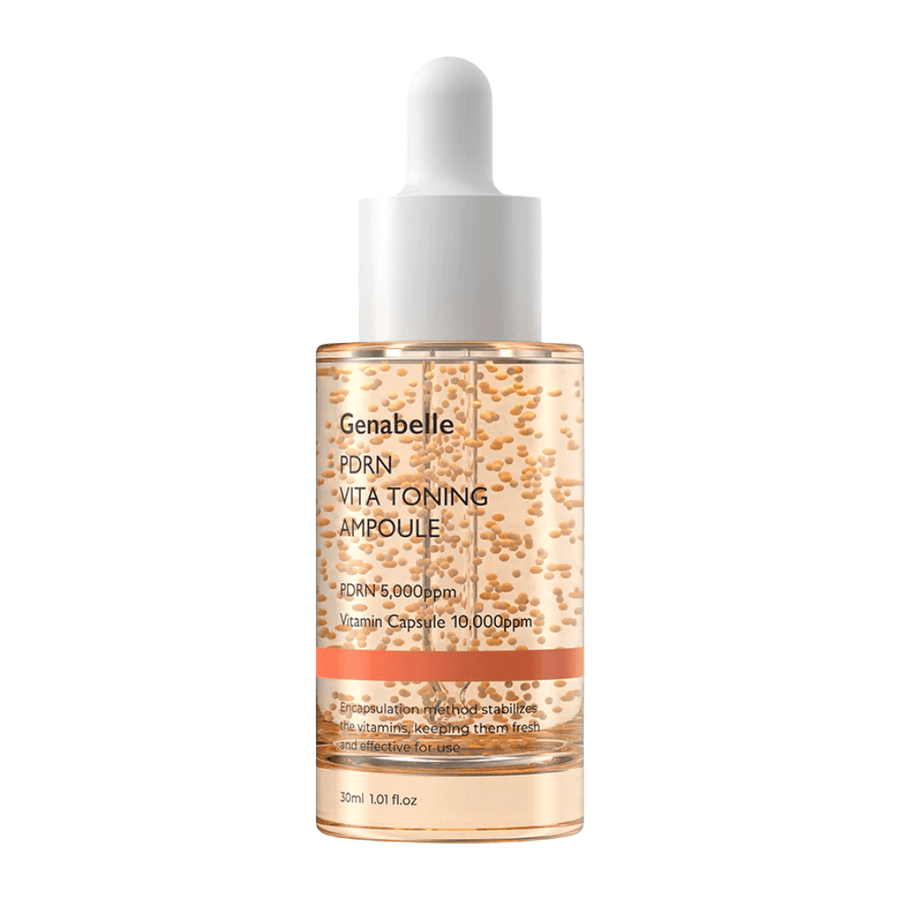 Frilagt produktbilde av Genabelle PDRN Vita Toning Ampoule i transparent glassflaske med hvite pipettelokk og synlige vitaminkapsler i serumformelen.